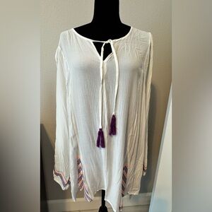 NWT Gibson Latimer Aztec Boho Tassel Blouse Size Extra Large